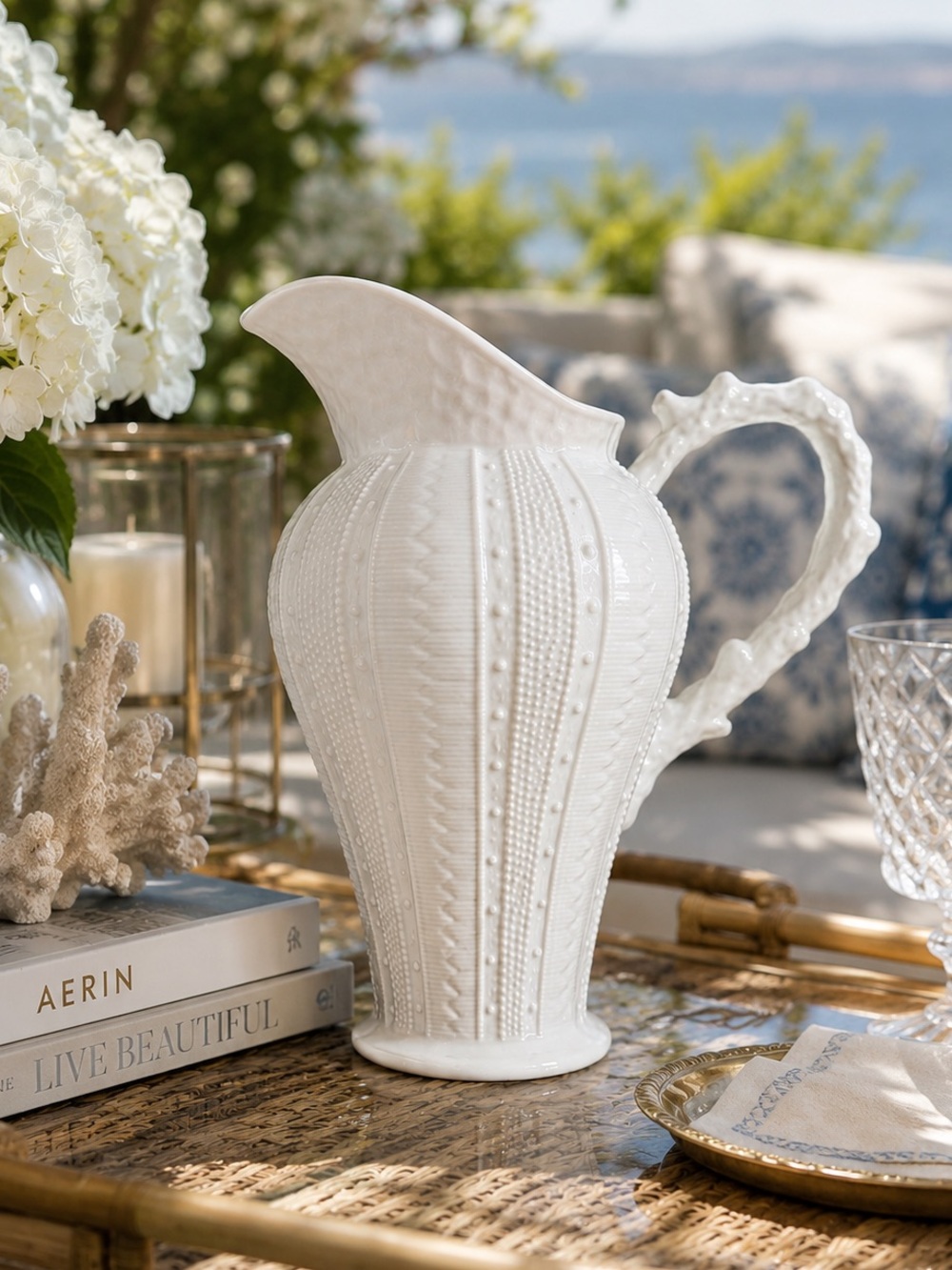 Paris Royal Sea Urchin Coral White Porcelain Tall 8” Pitcher / Vase